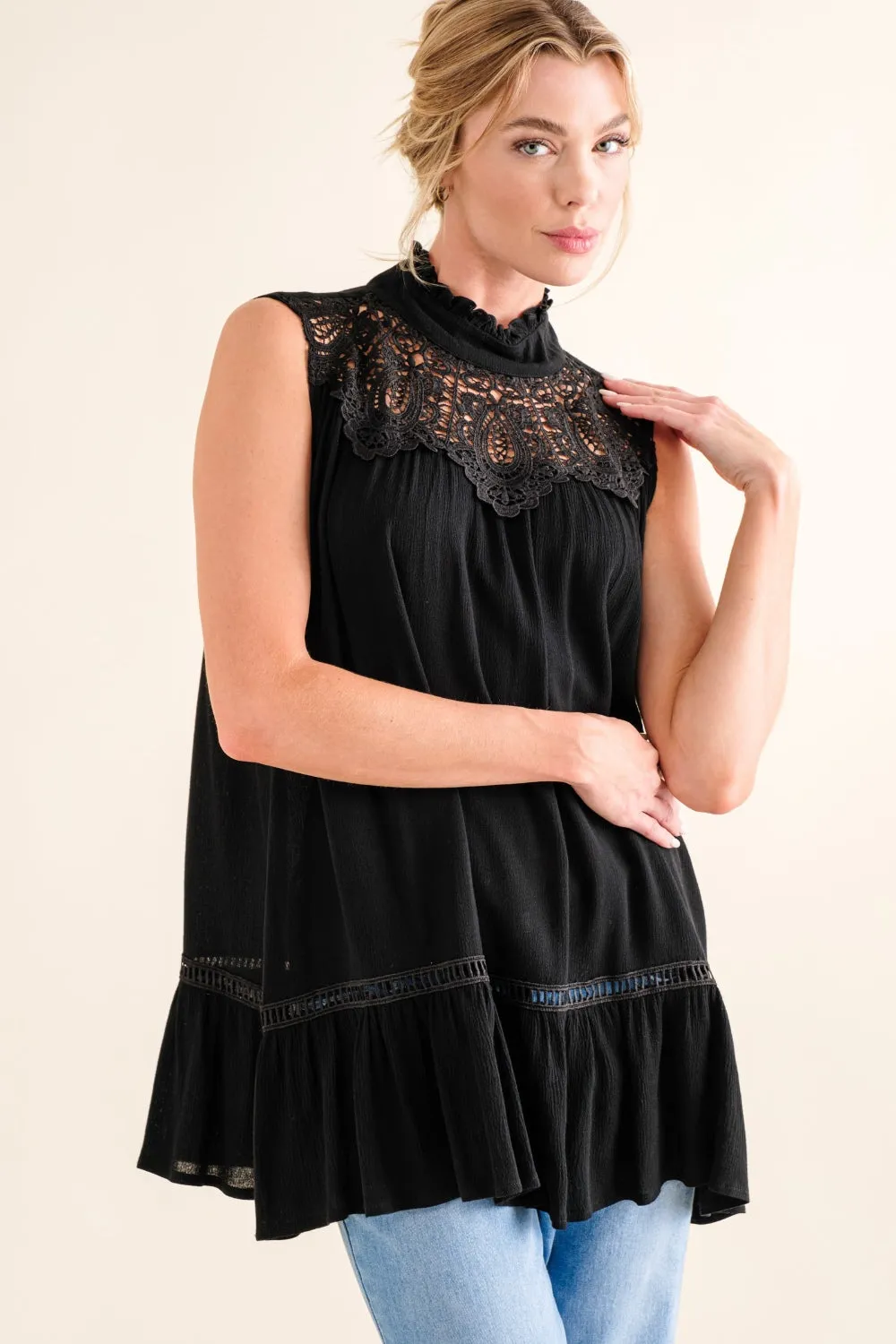 Women And The Why Lace Detail Sleeveless Ruffled Black Top