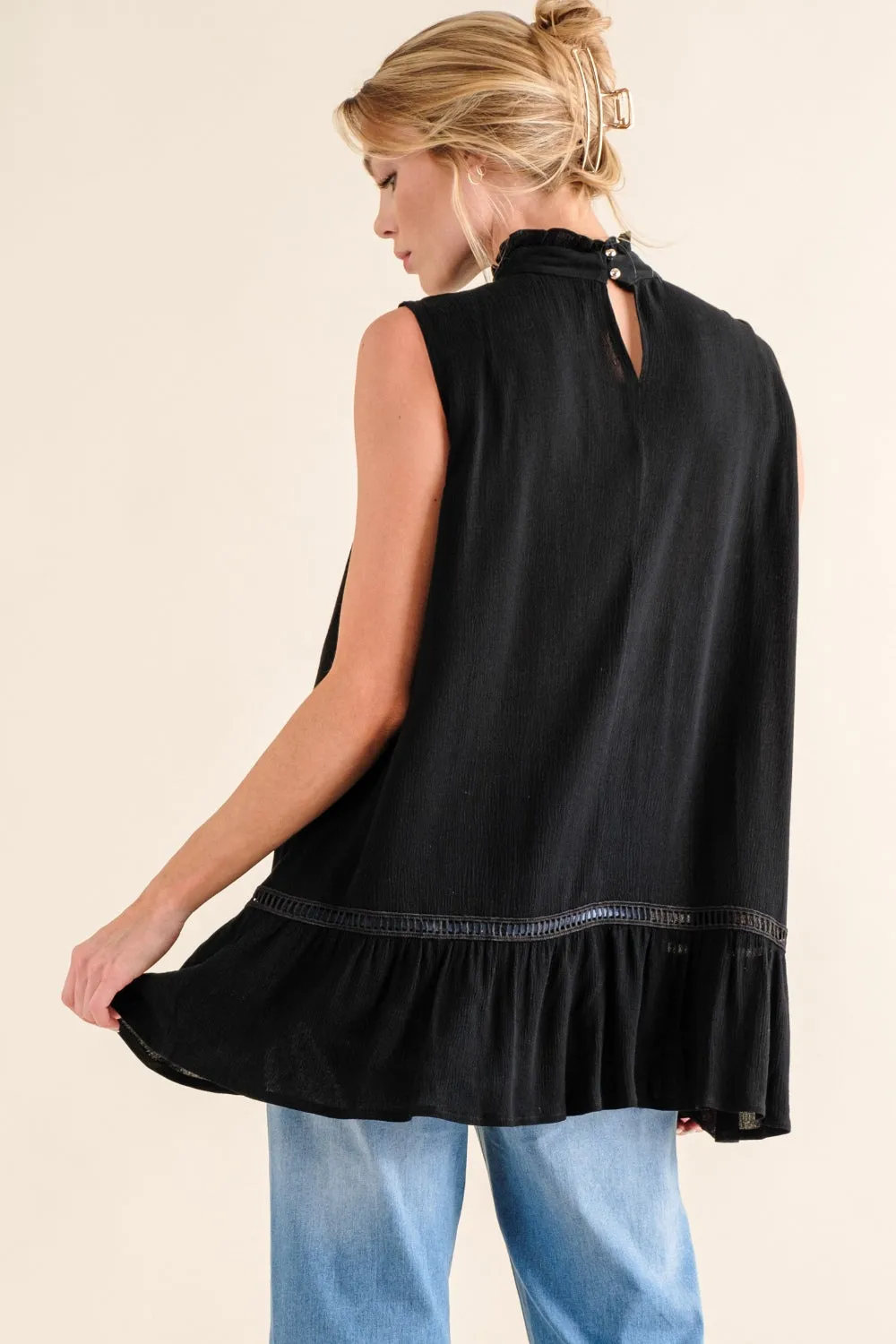 Women And The Why Lace Detail Sleeveless Ruffled Black Top