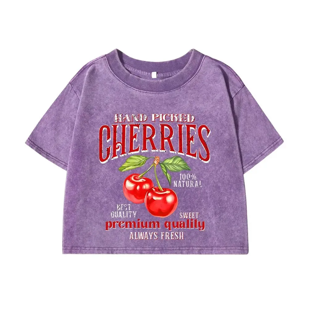 Women Cotton Crop Washed T-Shirts with Hand Picked Cherries Prints and Distressed Details