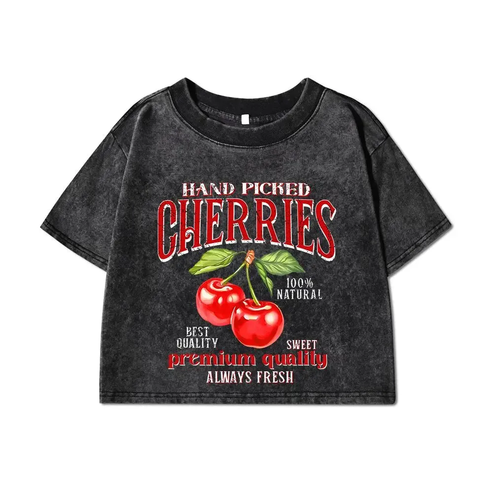 Women Cotton Crop Washed T-Shirts with Hand Picked Cherries Prints and Distressed Details