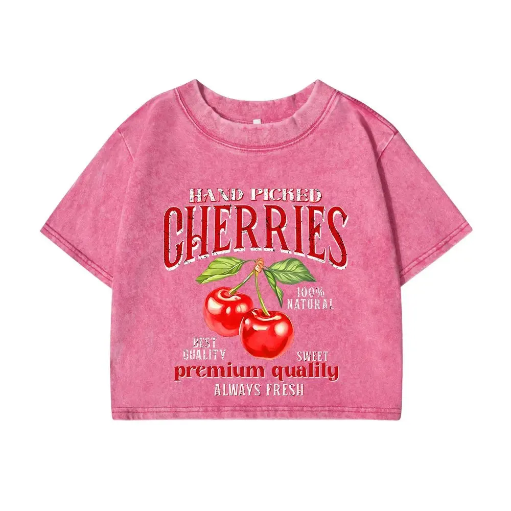 Women Cotton Crop Washed T-Shirts with Hand Picked Cherries Prints and Distressed Details