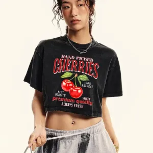 Women Cotton Crop Washed T-Shirts with Hand Picked Cherries Prints and Distressed Details