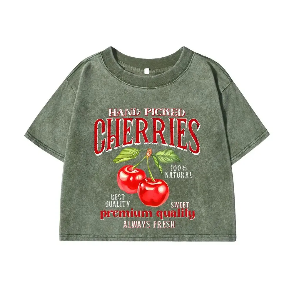 Women Cotton Crop Washed T-Shirts with Hand Picked Cherries Prints and Distressed Details