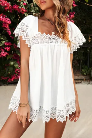 Women Lace Detail Square Neck Short Sleeve Blouse