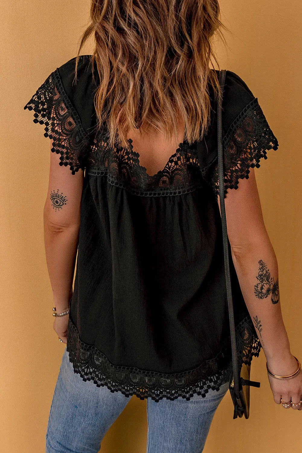 Women Lace Detail Square Neck Short Sleeve Blouse
