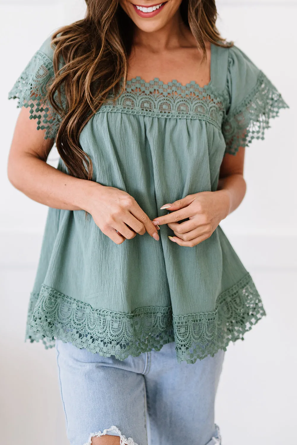 Women Lace Detail Square Neck Short Sleeve Blouse