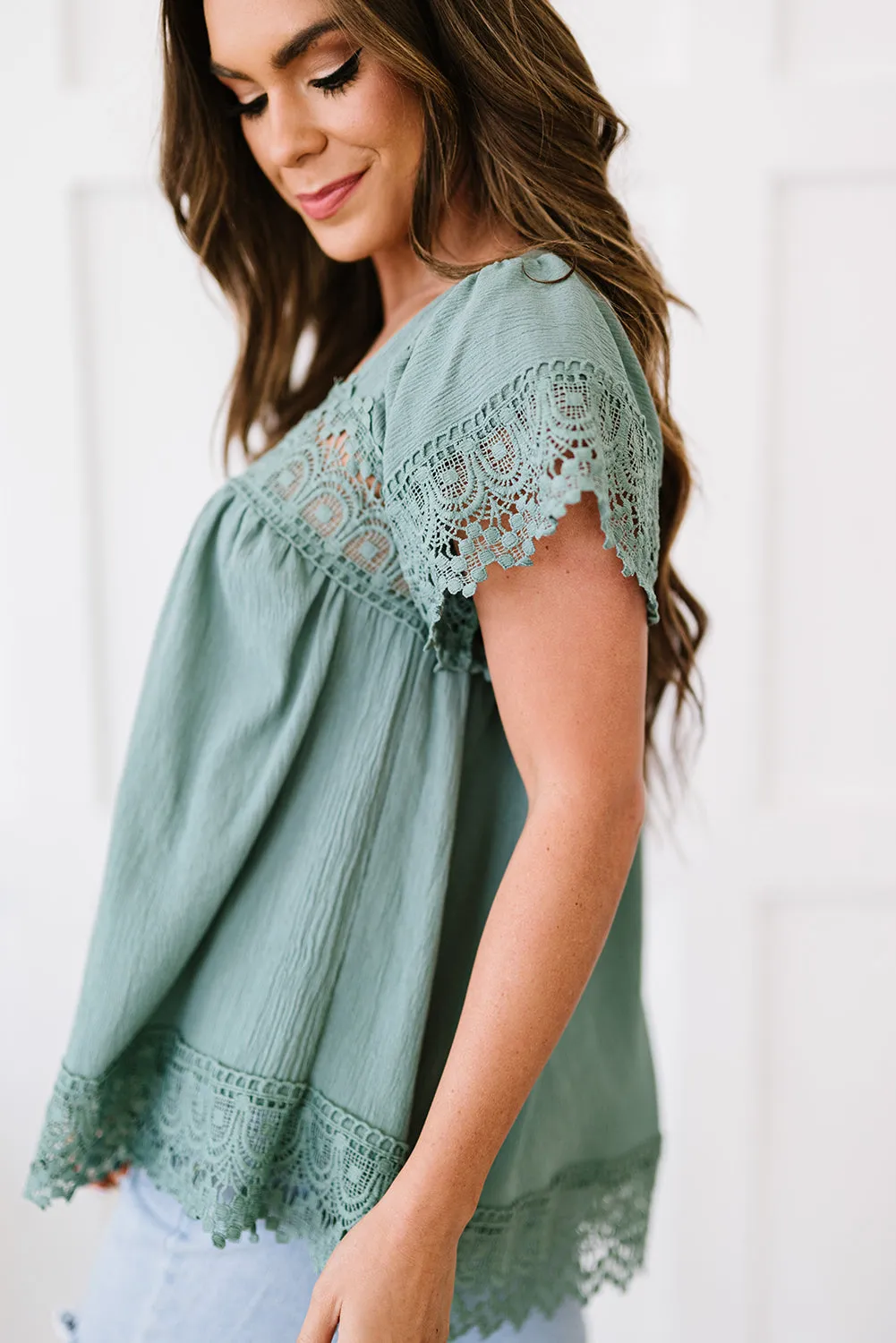 Women Lace Detail Square Neck Short Sleeve Blouse