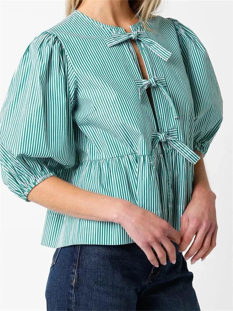Women's Front Split Bowknot Tie-up Short Puff Sleeve Round Neck Loose Ruffles Blouse