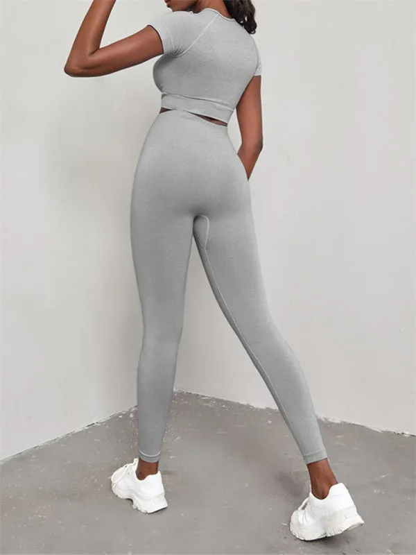 Women's Seamless Exercise Short Sleeve Crop Top and Leggings Set