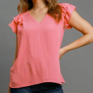 Women's Solid Coral Pink Flutter Short Sleeve