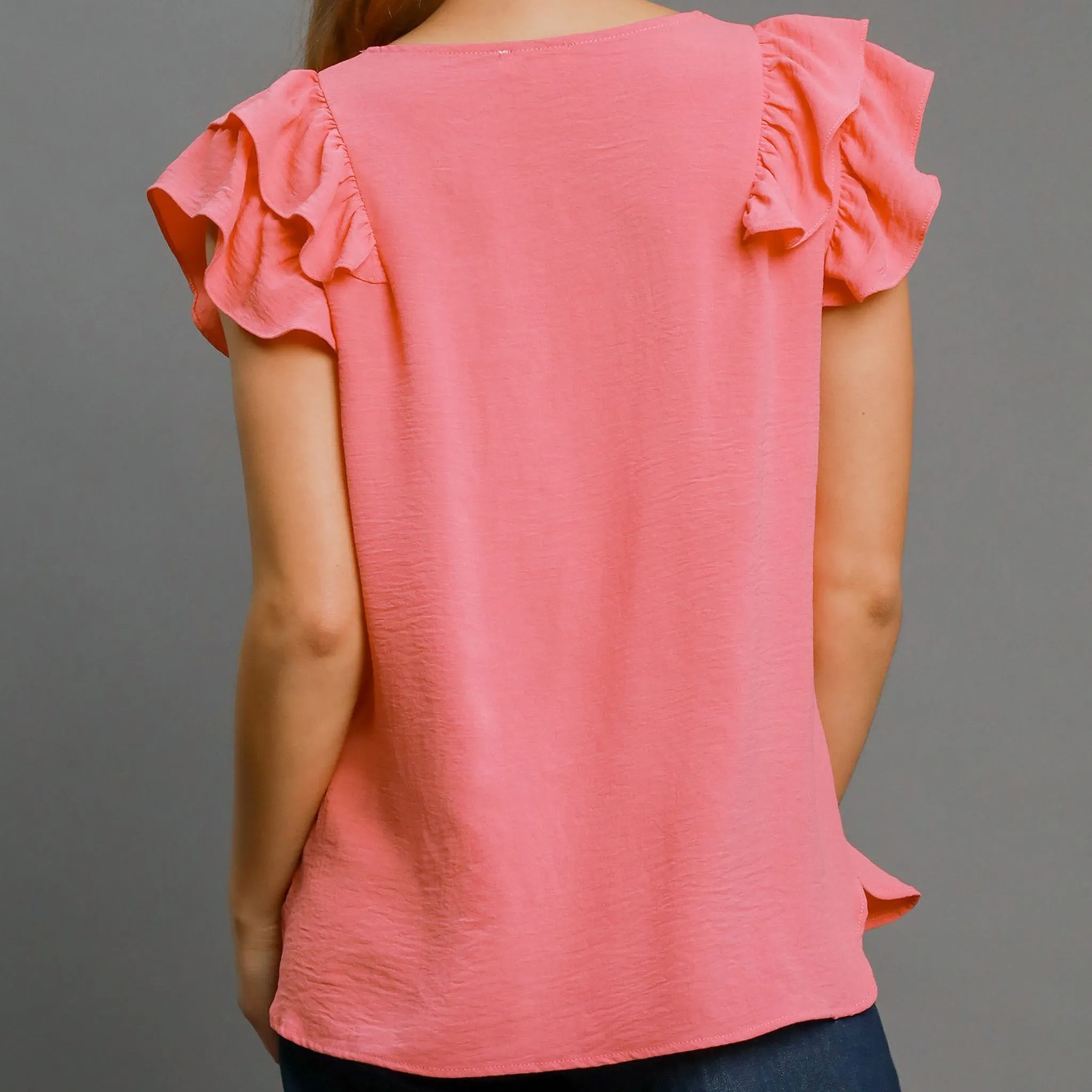 Women's Solid Coral Pink Flutter Short Sleeve