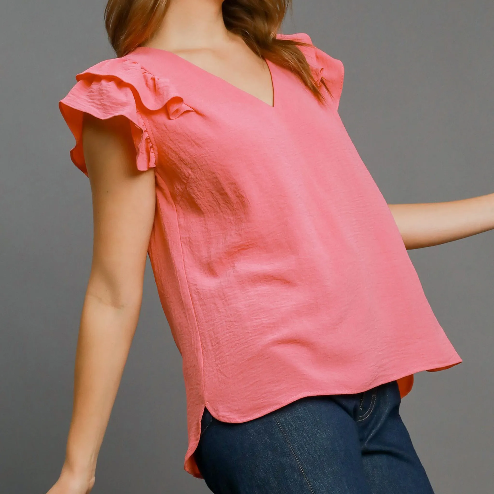 Women's Solid Coral Pink Flutter Short Sleeve