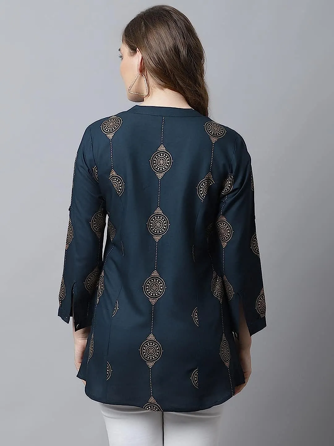 Women's Viscose Printed Short Kurti with Fold-Up Sleeves and Mandarin Collar