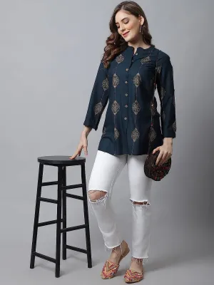 Women's Viscose Printed Short Kurti with Fold-Up Sleeves and Mandarin Collar