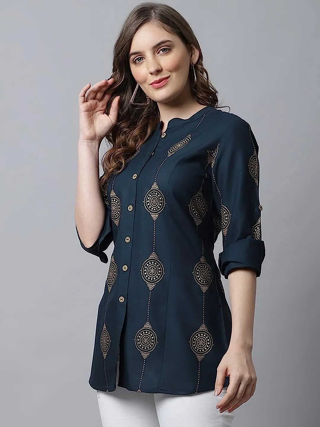 Women's Viscose Printed Short Kurti with Fold-Up Sleeves and Mandarin Collar