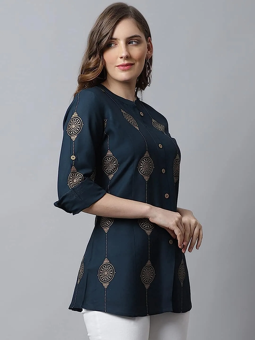 Women's Viscose Printed Short Kurti with Fold-Up Sleeves and Mandarin Collar