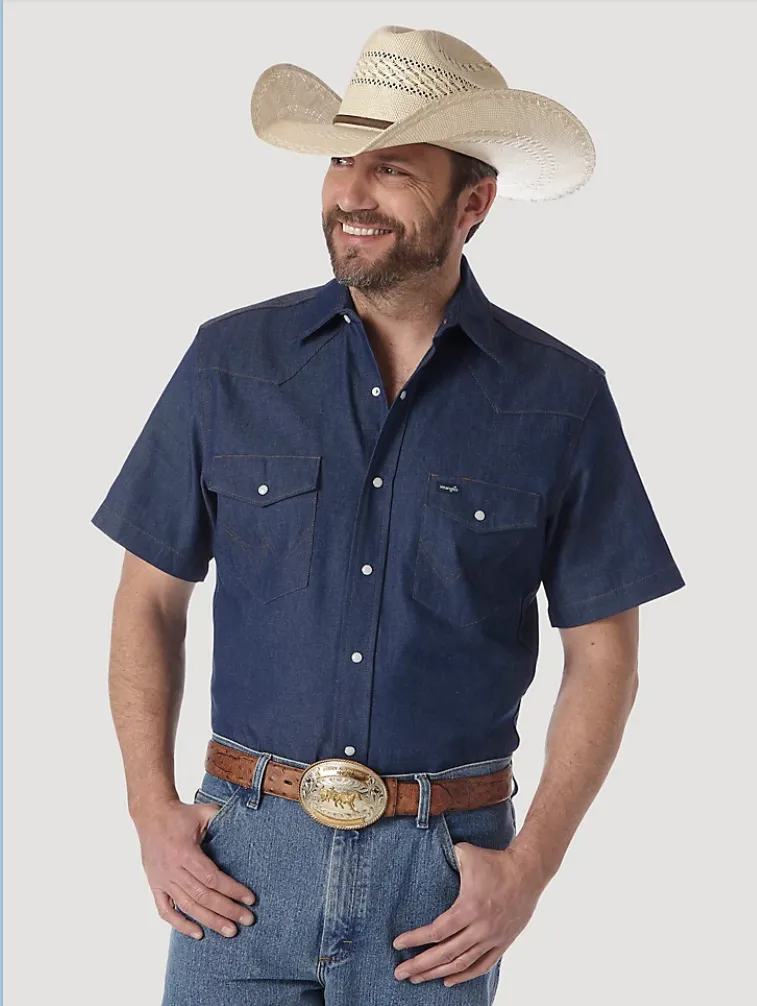 Wrangler Cowboy Cut Firm Finish Denim Short Sleeve Work Western Shirt Style MS3127B