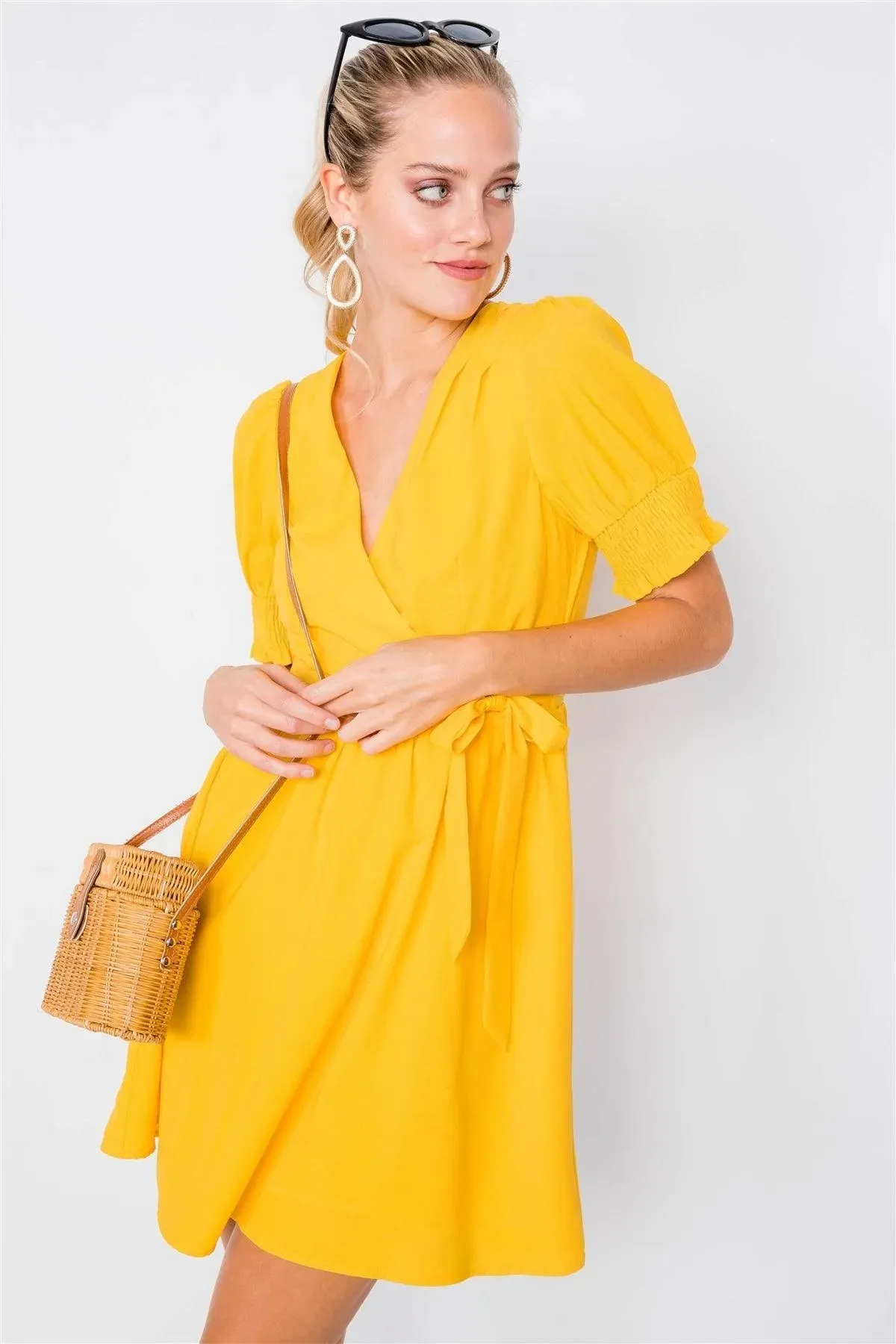 Yellow Vintage V-Neck Smocked Short Puff Sleeve Classic Mini Sundress  /3-1-2