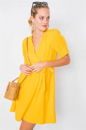 Yellow Vintage V-Neck Smocked Short Puff Sleeve Classic Mini Sundress  /3-1-2