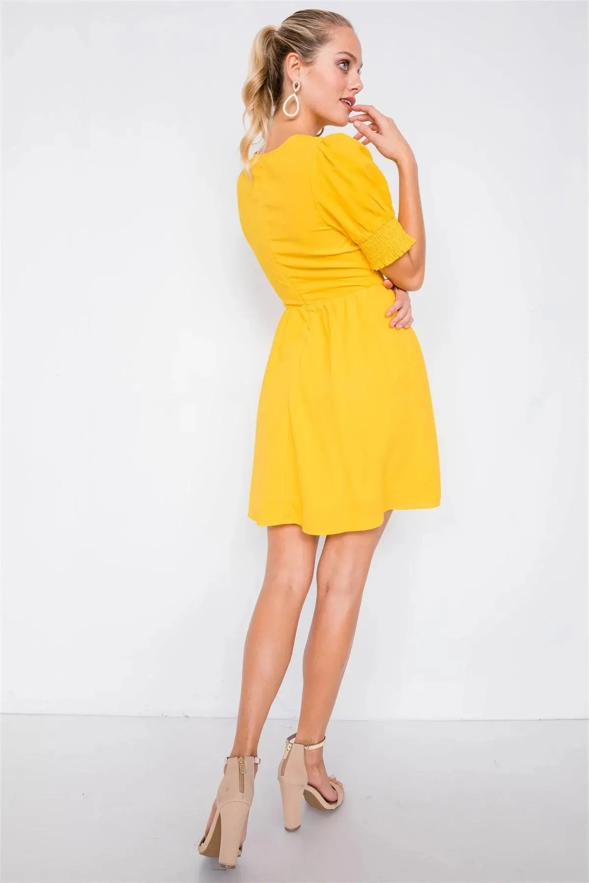 Yellow Vintage V-Neck Smocked Short Puff Sleeve Classic Mini Sundress  /3-1-2